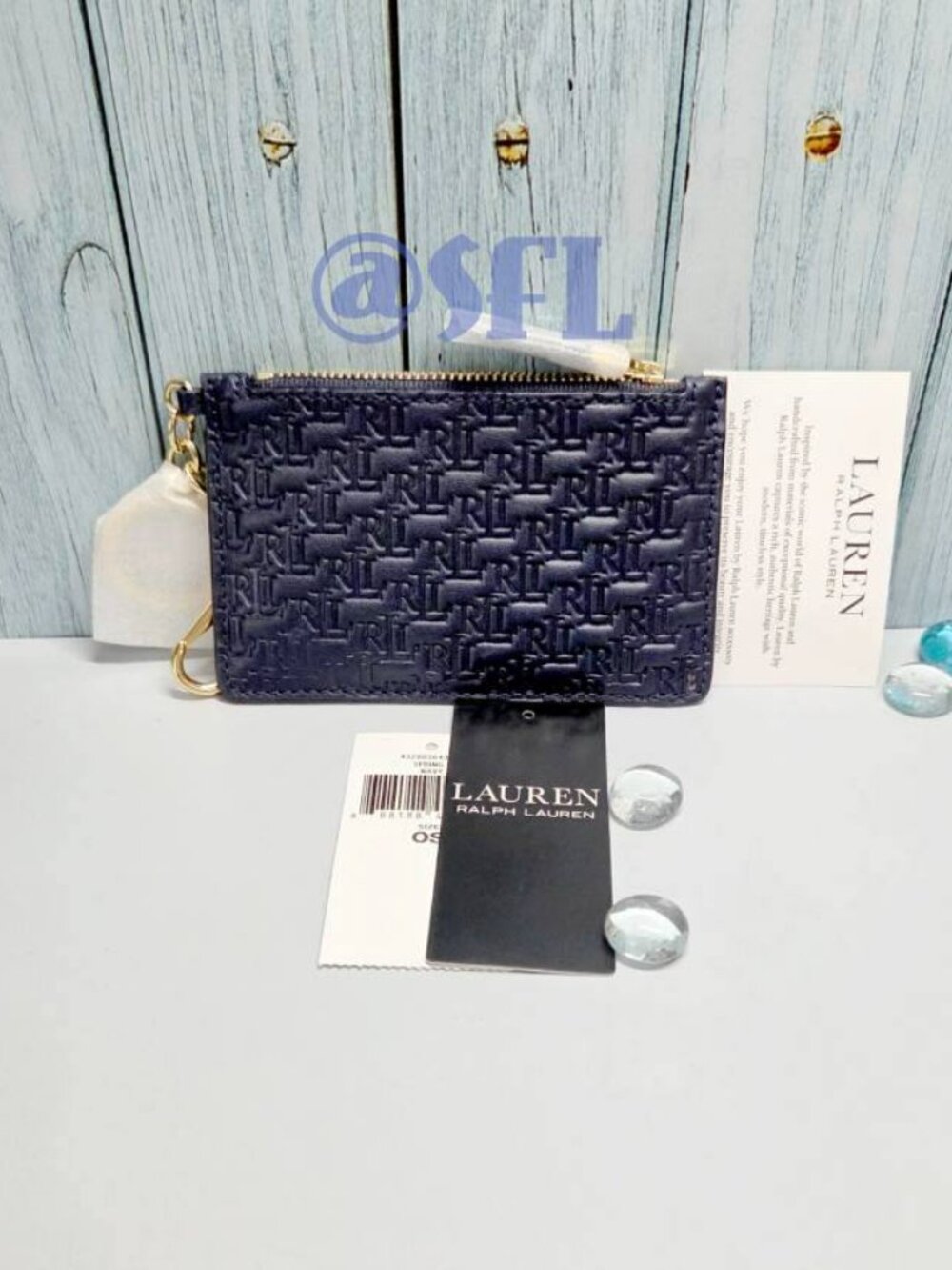 Lauren Ralph Lauren Card Case Wallet Keyring In Navy Blue Signature Pattern